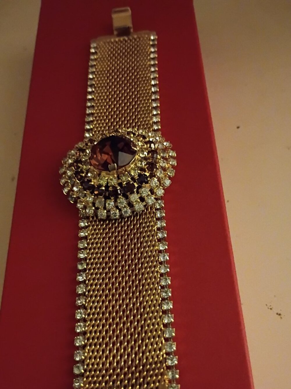 Hobe Vintage Golden and Rhinestone Mesh Bracelet